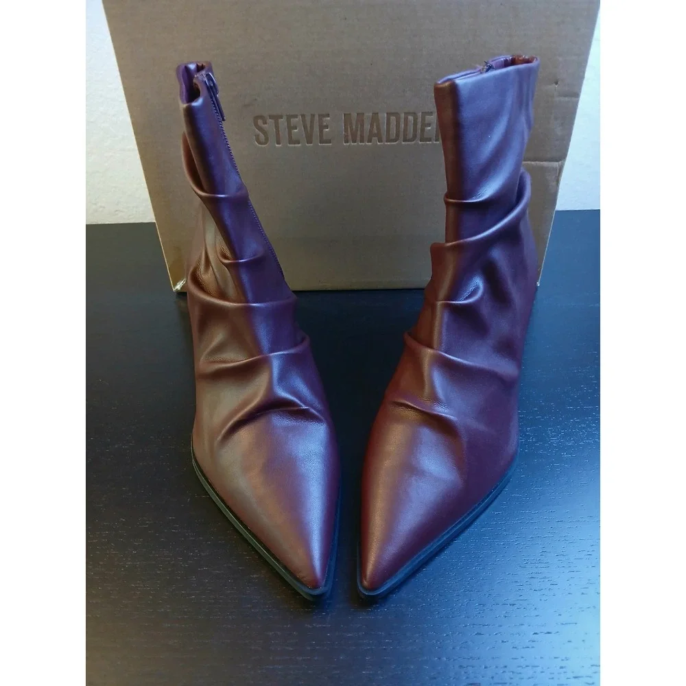 Steve Madden Maxxine Wine Burgundy Ruched Pointed Toe Kitten Heel Booties 8.5